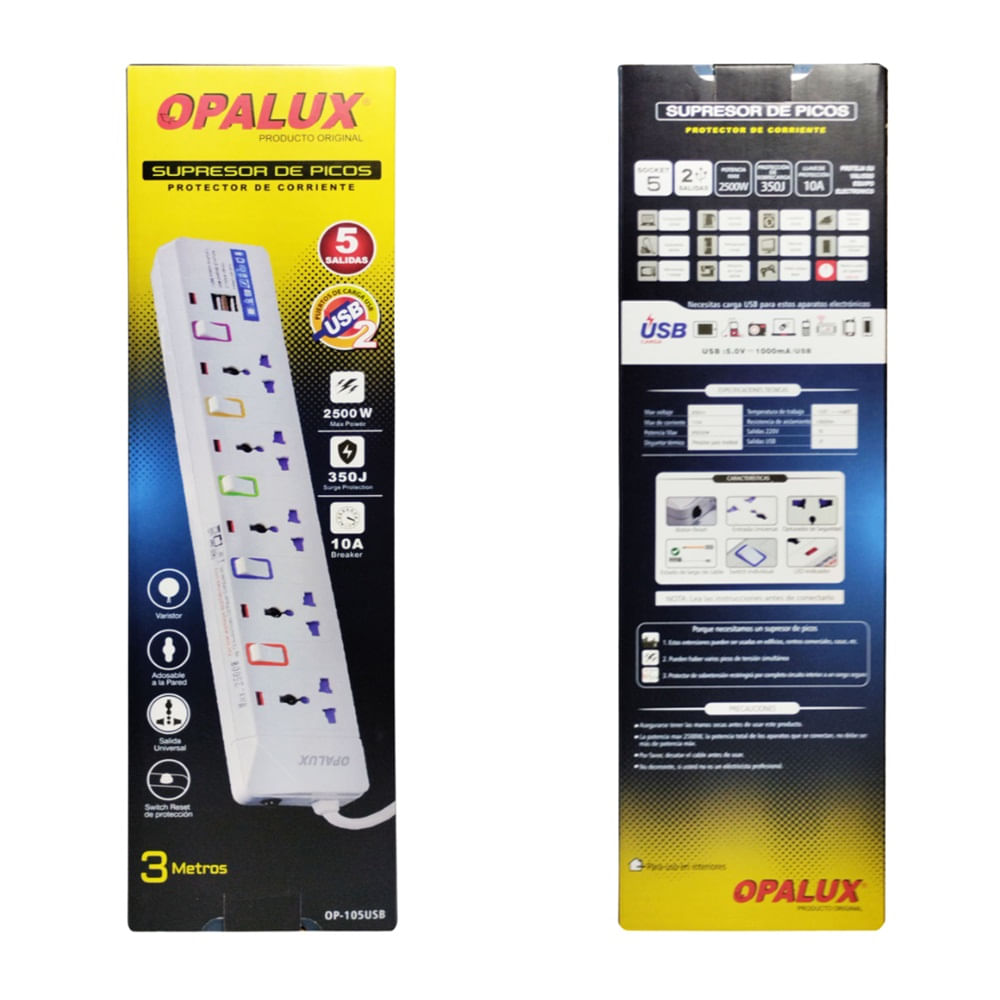 Supresor de 5 Picos 2 USB Opalux 3 Mts Con Switch Reset