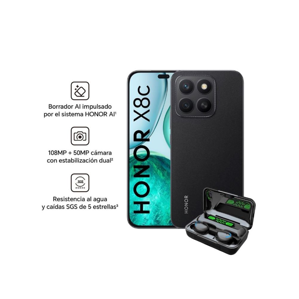 Celular Honor x8c 8+8 Ram-256Gb Color Negro+Audifonos de Regalo