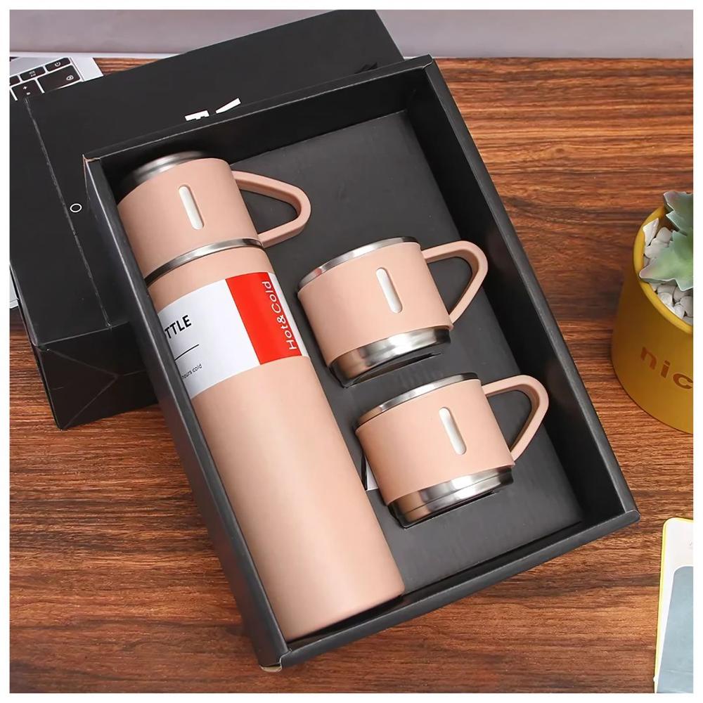 Termo de Acero Inoxidable Bebidas Frías y Calientes de 500 ml + 3 Tazas Rosado