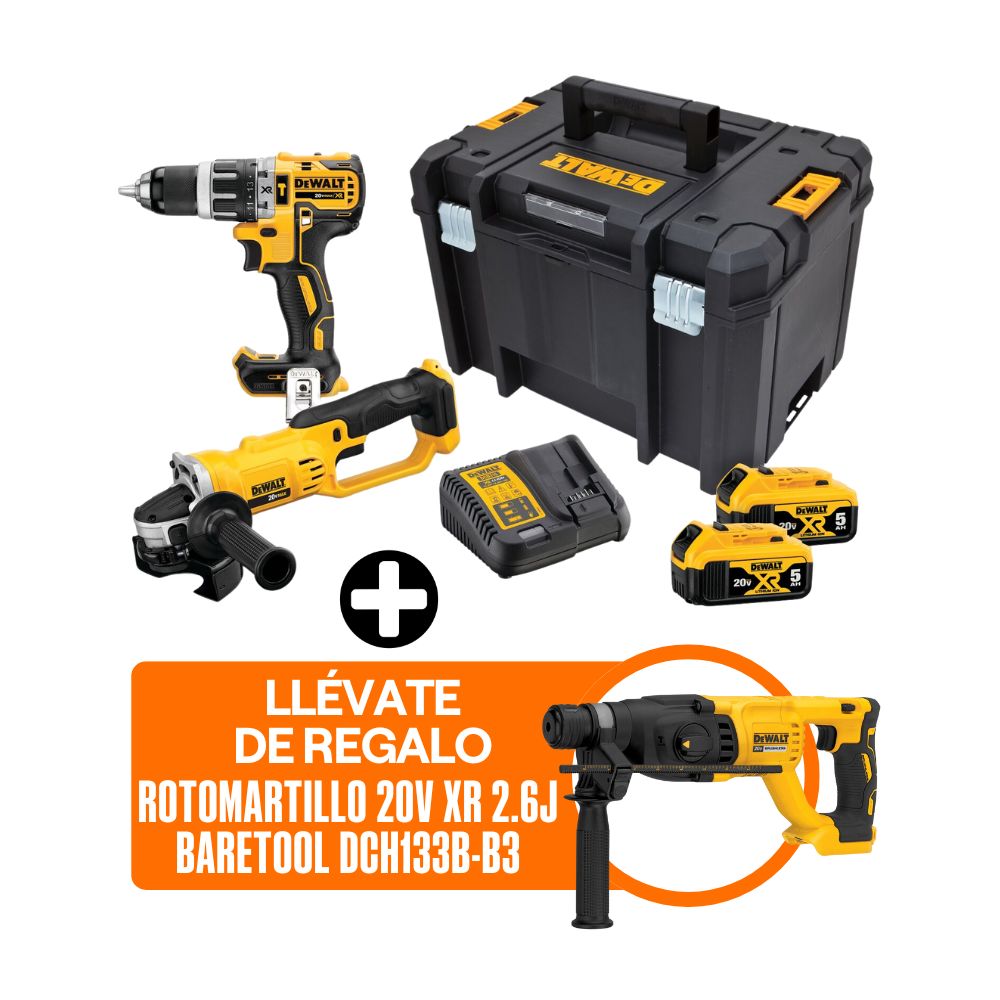 COMBO Dewalt Inalámbrico DCK209P2T-K9: Taladro Percutor + Esmeril Angular + Rotomartillo
