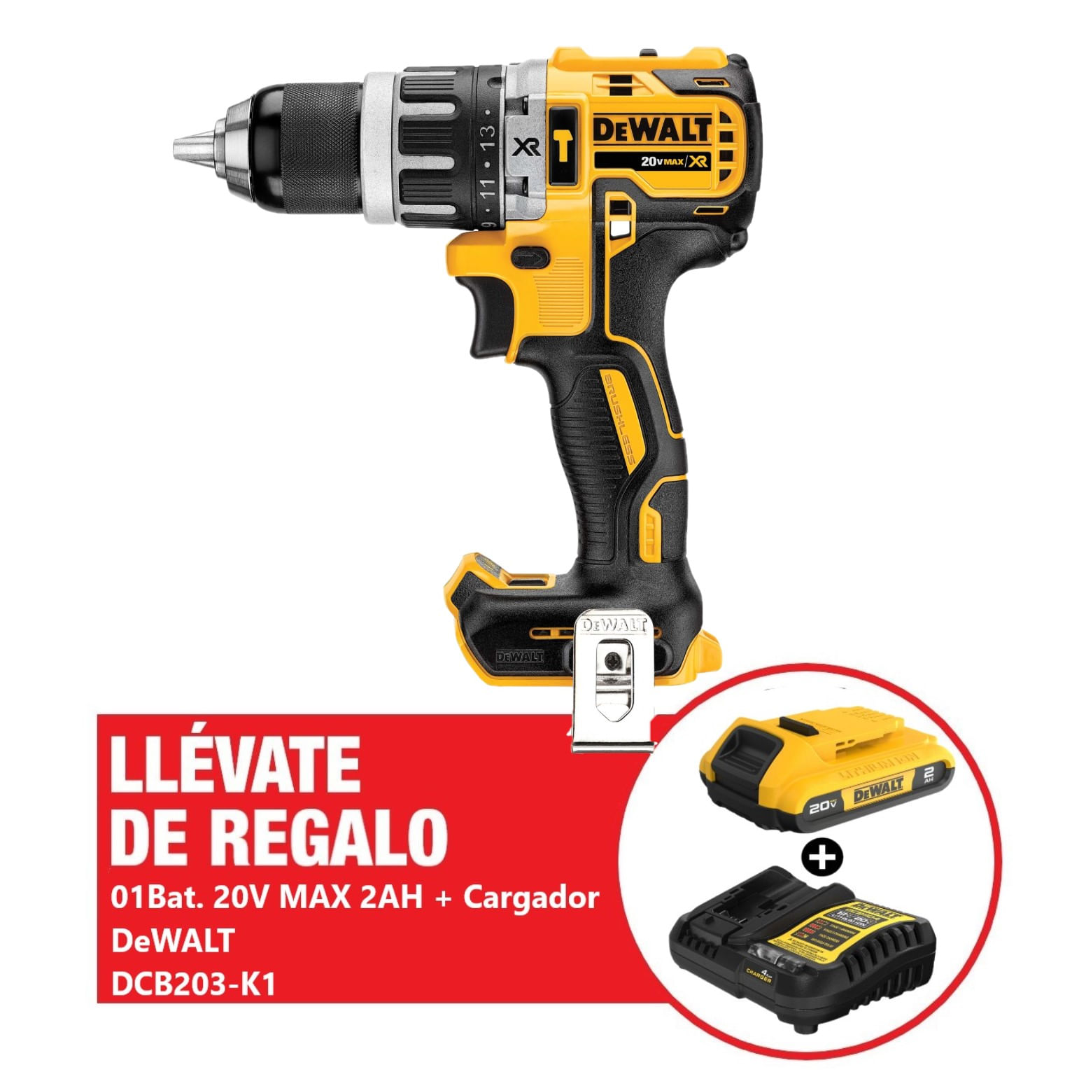 Taladro Percutor Inalámbrico Dewalt Dcd796B-K3 1/2 20V Xr 70Nm + Bateria 20V 2Ah + Cargador