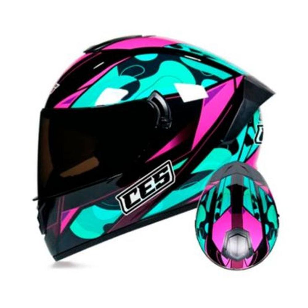 CASCO MOTO CES CERTIFICADO DOBLE VISOR VERDE ROSA - TALLA M