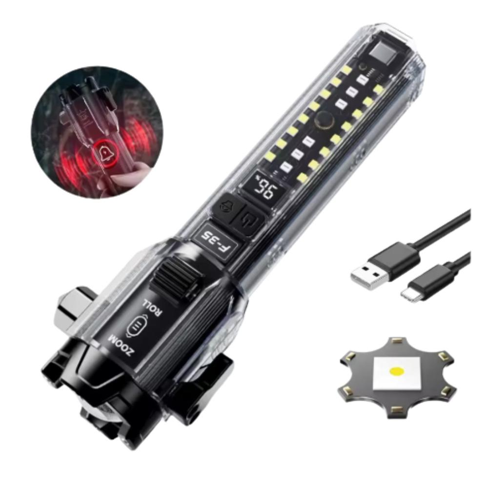 Linterna Multifunción 10 En 1 Con Display Digital Carga De Celular Y Martillo De Seguridad