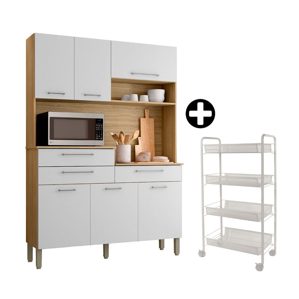 COMBO Orange: Mueble Alacena de Cocina Orion 138.5cm MDP Blanco + Carrito para Frutas y Verduras Blanco