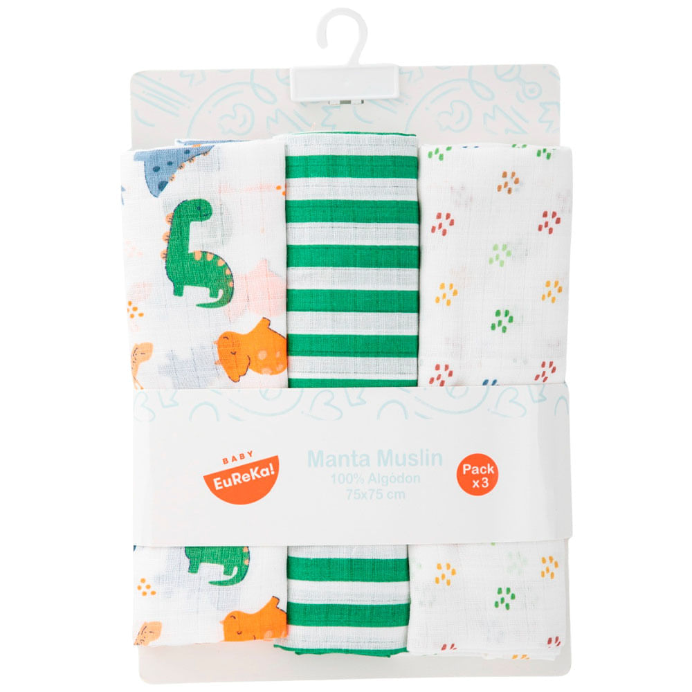Cuna Manta Muselina Colores y Dino Pack x3 BABY EUREKA