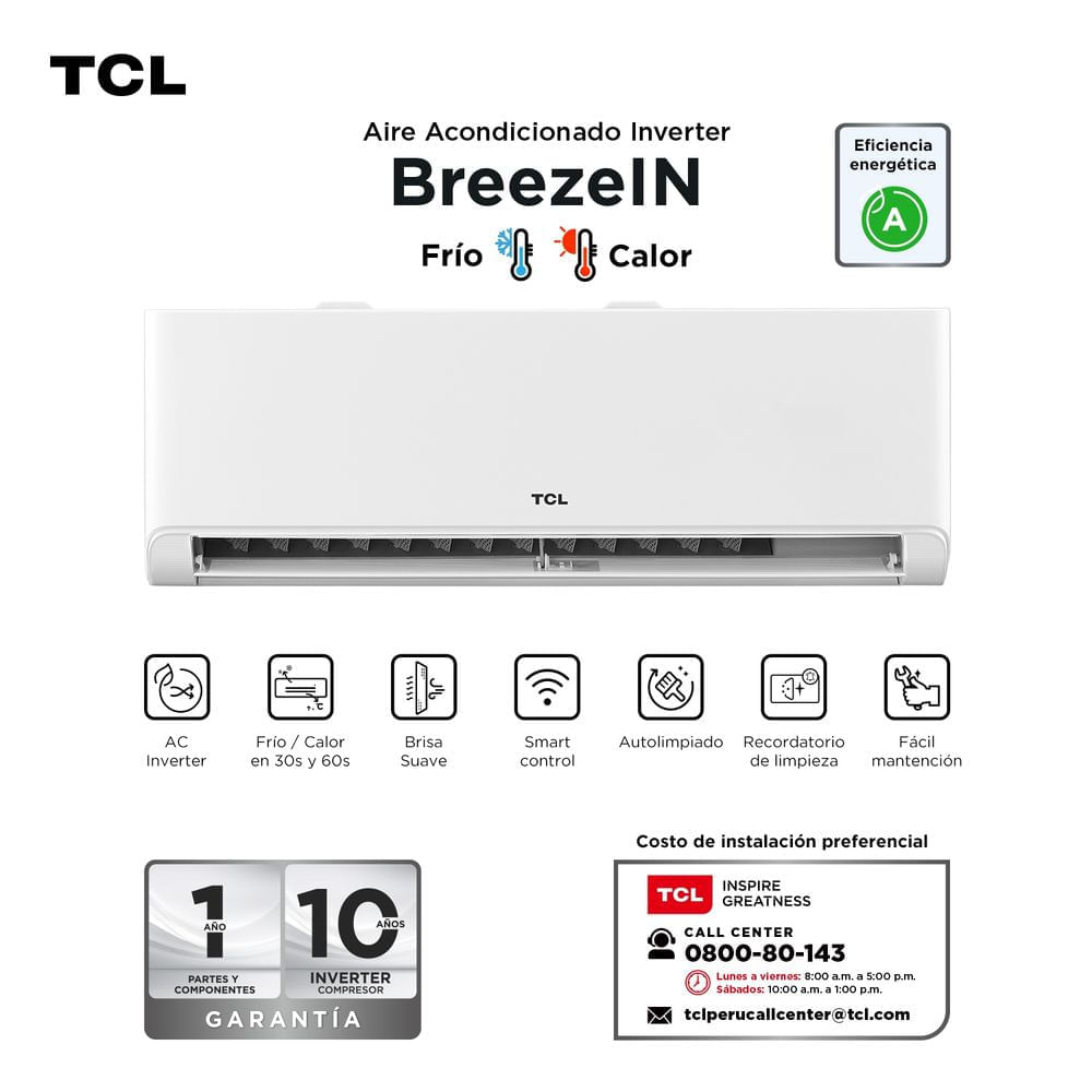 Aire Acondicionado TCL 18000 BTU Breezein Split Inverter Frio Calor Con Wifi TAC-18CHSAI/TPH11