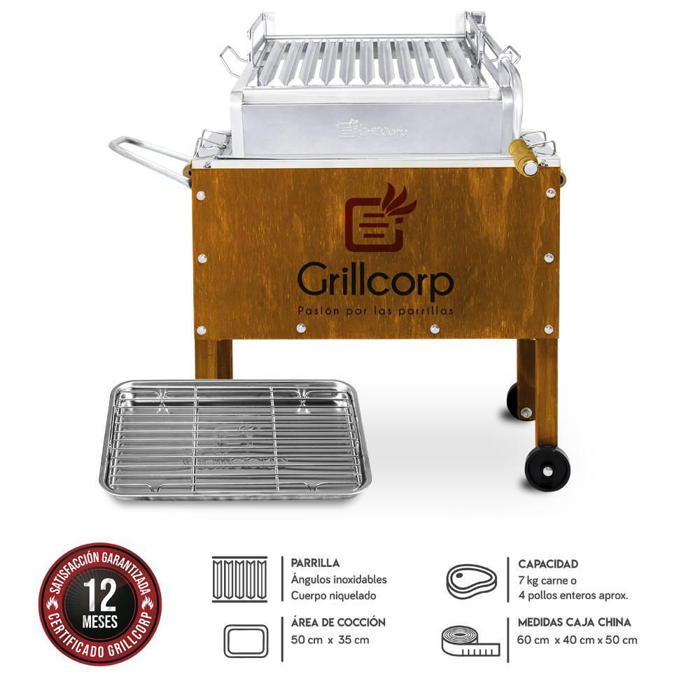 Caja China Junior Premium + Parrilla con Sistema de levante Niquel/Inox 60x40x50cm