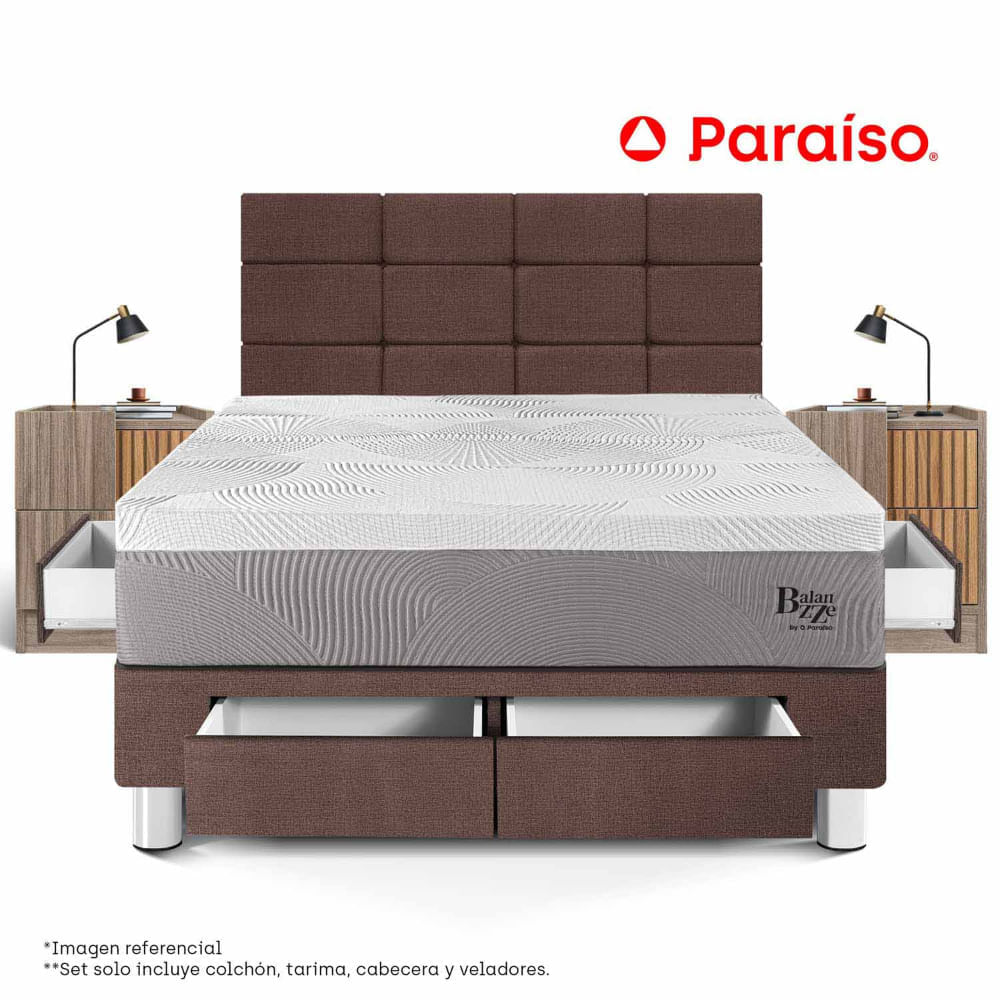 Dormitorio Balanzze con Cajones 2 Plazas Cabecera Block + 2 Veladores Han Chocolate