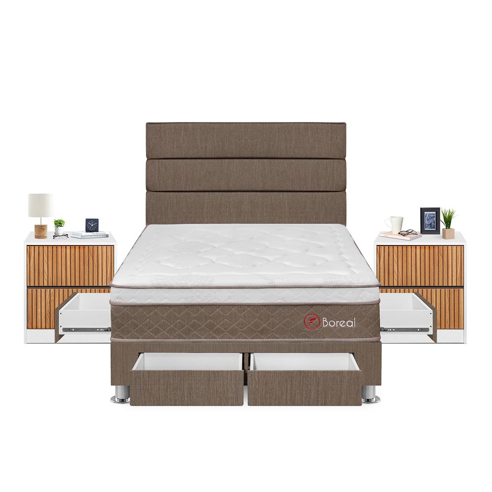 Dormitorio Boreal Con 4 Cajones 2 Plazas + Velador Roma + Respaldo Marron