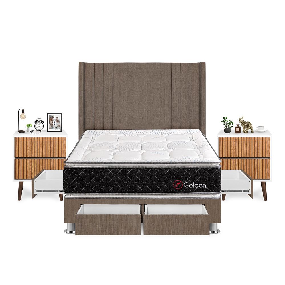 Dormitorio Golden Con 4 Cajones 2 Plazas + Velador Milan + Respaldo Marron