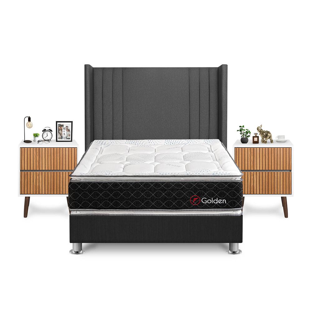 Dormitorio Golden 2 Plazas + Velador Milan + Respaldo Gris