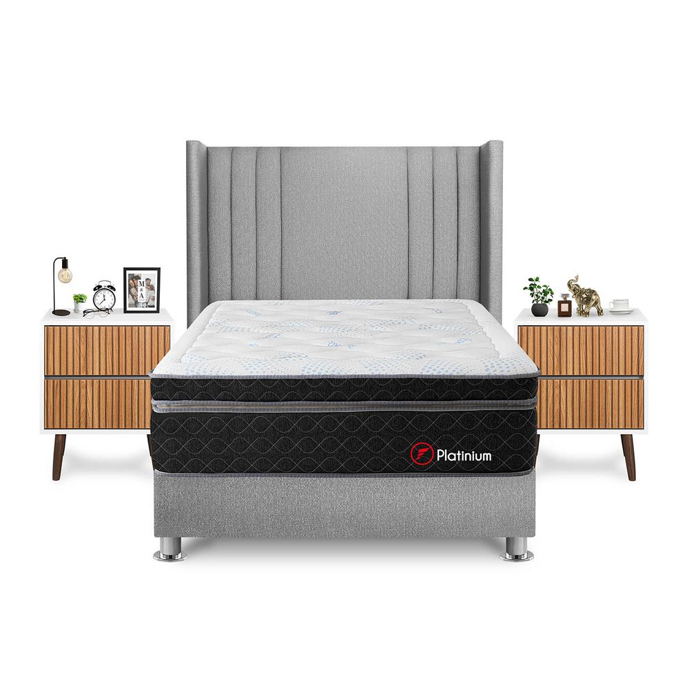 Dormitorio Platinium 2 Plazas + Velador Milan + Respaldo Plata