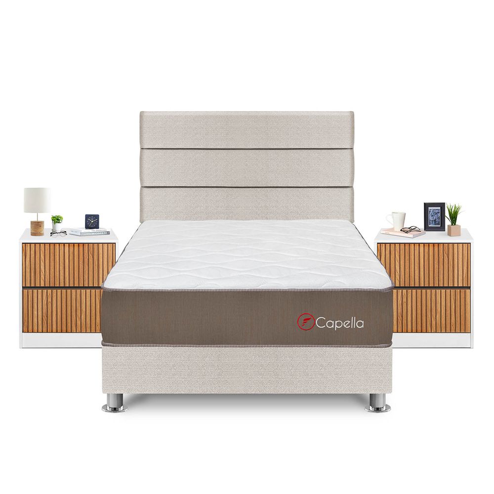 Dormitorio Capella 2 Plazas + Velador Roma + Respaldo Beige