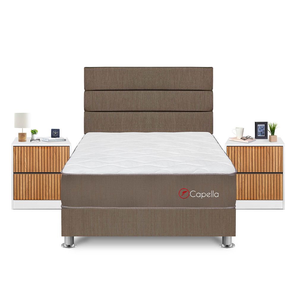 Dormitorio Capella 2 Plazas + Velador Roma + Respaldo Marron