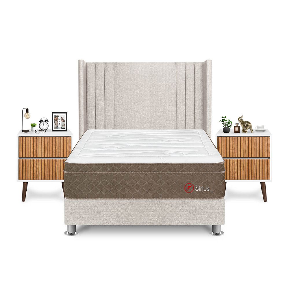 Dormitorio Sirius 2 Plazas + Velador Milan + Respaldo Beige