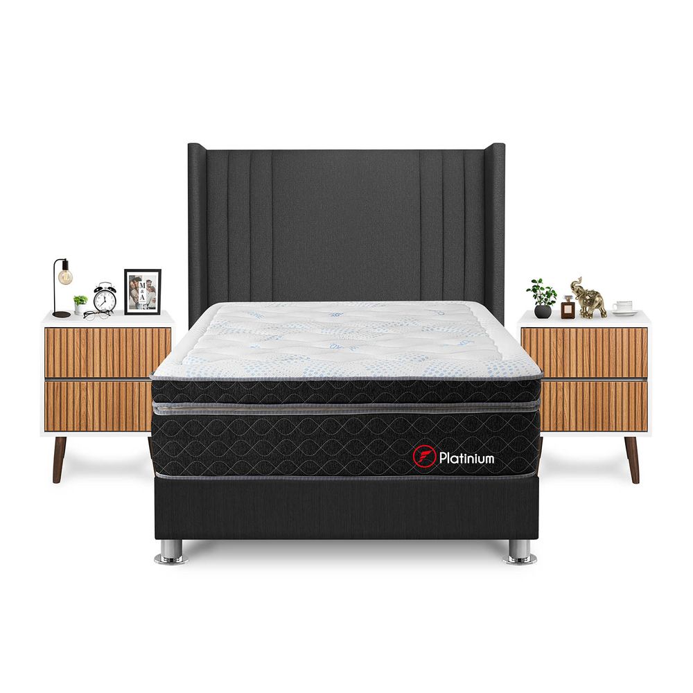 Dormitorio Platinium 2 Plazas + Velador Milan + Respaldo Gris