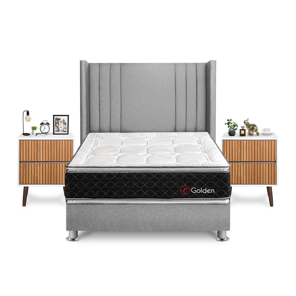 Dormitorio Golden 2 Plazas + Velador Milan + Respaldo Plata