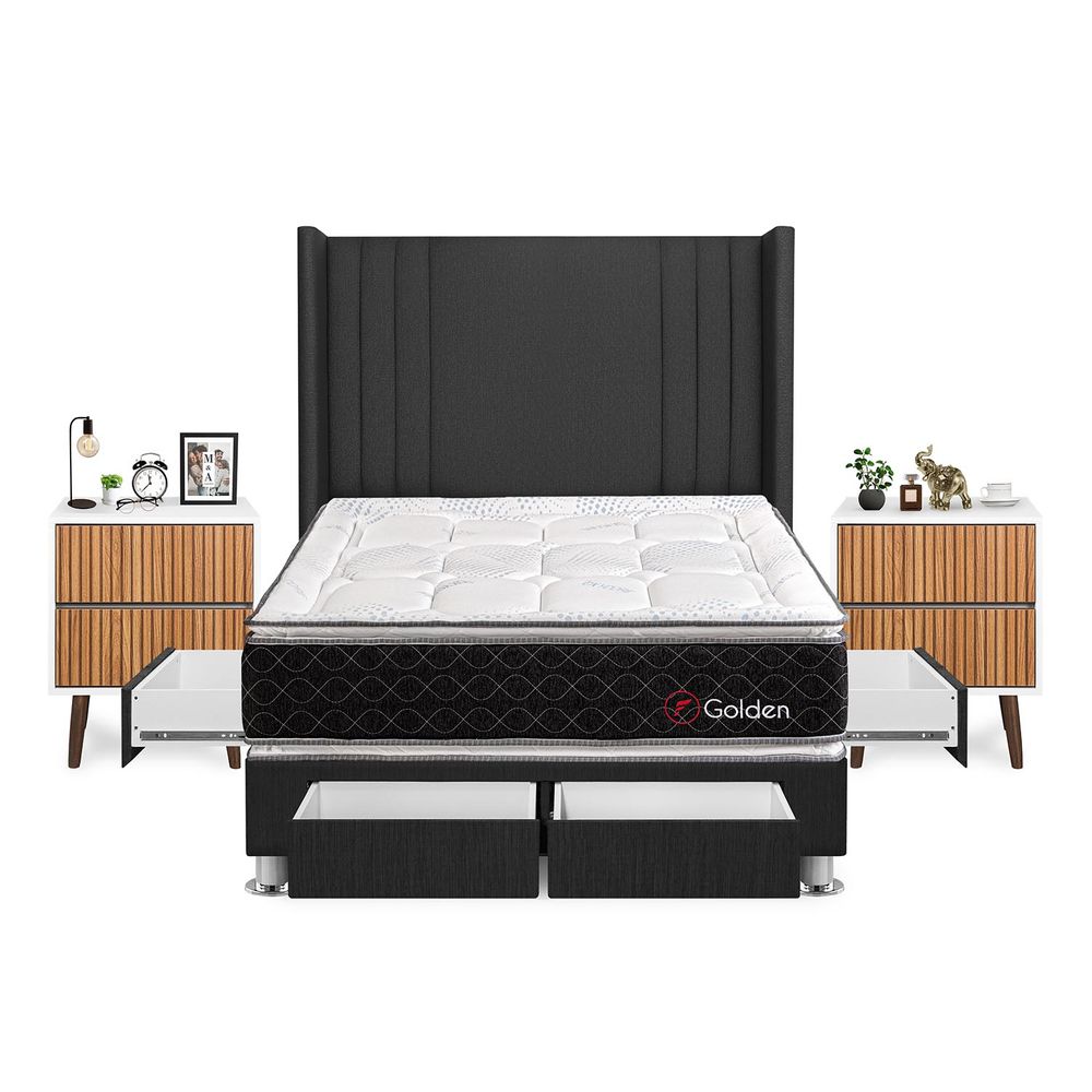 Dormitorio Golden Con 4 Cajones 2 Plazas + Velador Milan + Respaldo Gris