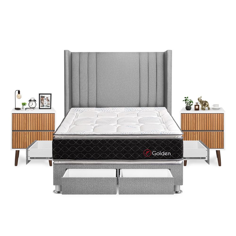 Dormitorio Golden Con 4 Cajones 2 Plazas + Velador Milan + Respaldo Plata