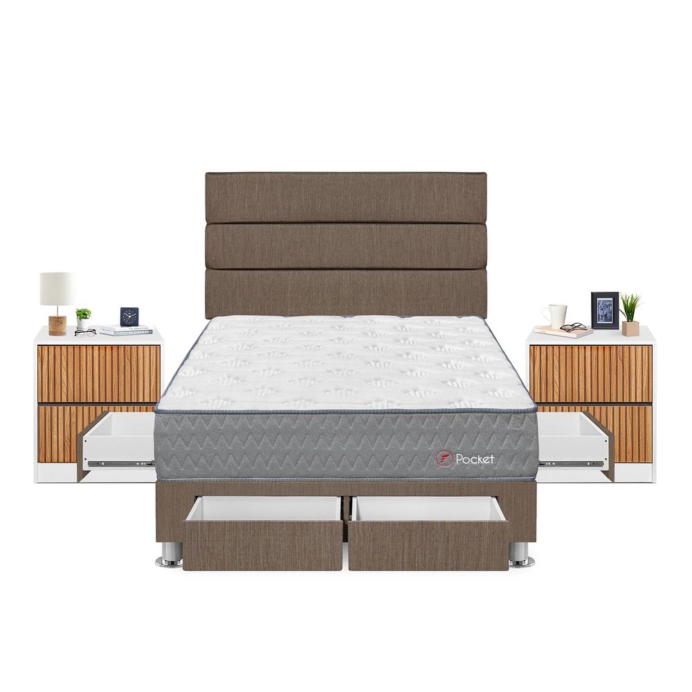 Dormitorio Forli Pockinget Con 4 Cajones 2 Plazas + Velador Roma + Respaldo