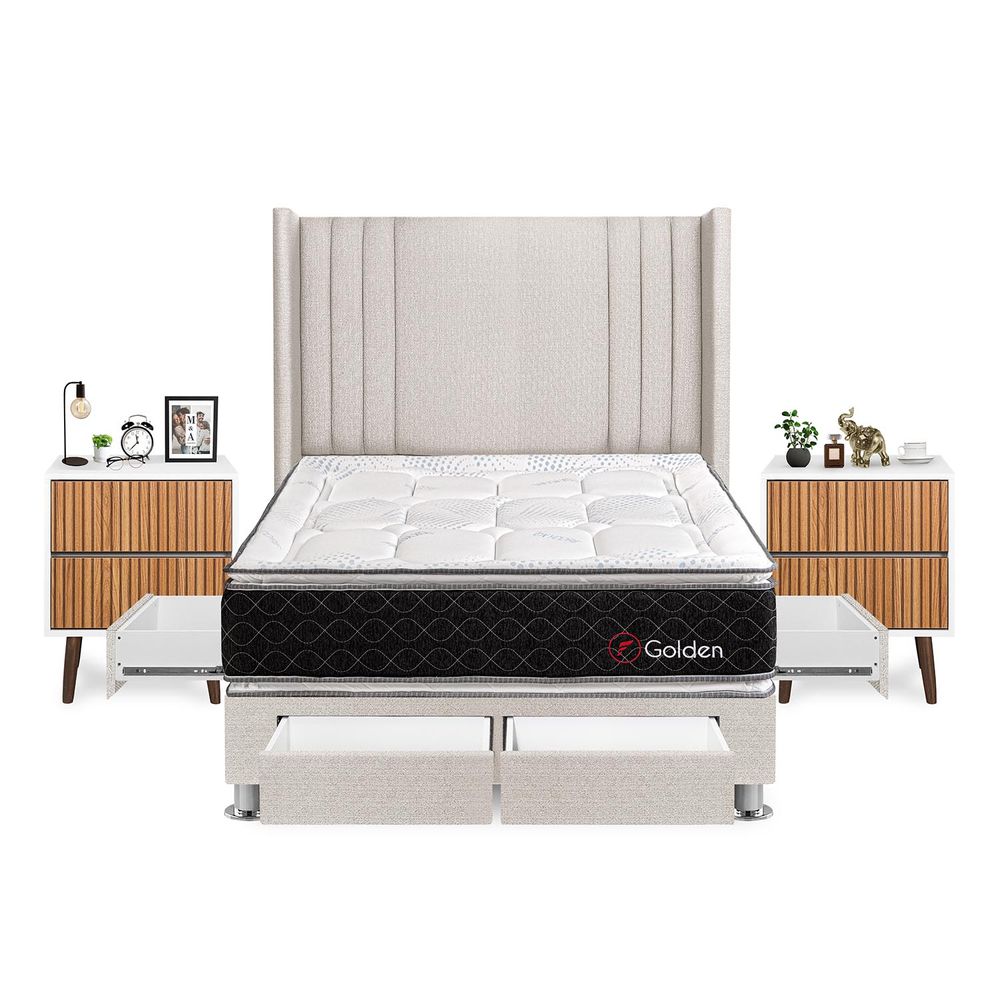 Dormitorio Golden Con 4 Cajones 2 Plazas + Velador Milan + Respaldo  Beige