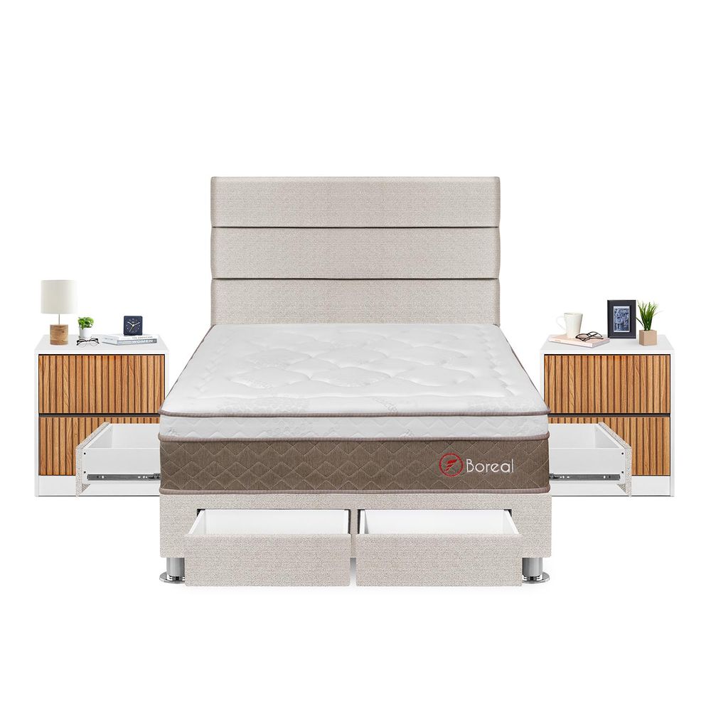 Dormitorio Boreal Con 4 Cajones 2 Plazas + Velador Roma + Respaldo Beige