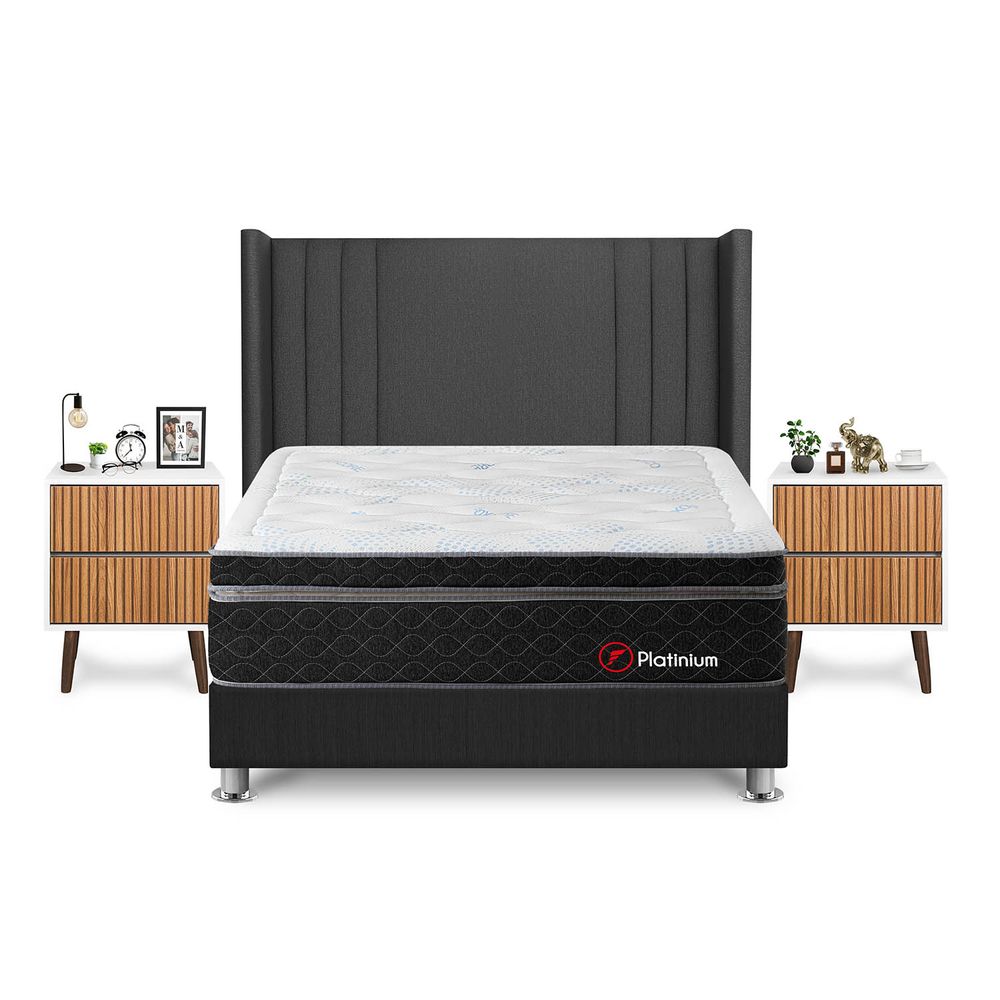 Dormitorio Platinium King + Velador Milan + Respaldo Gris