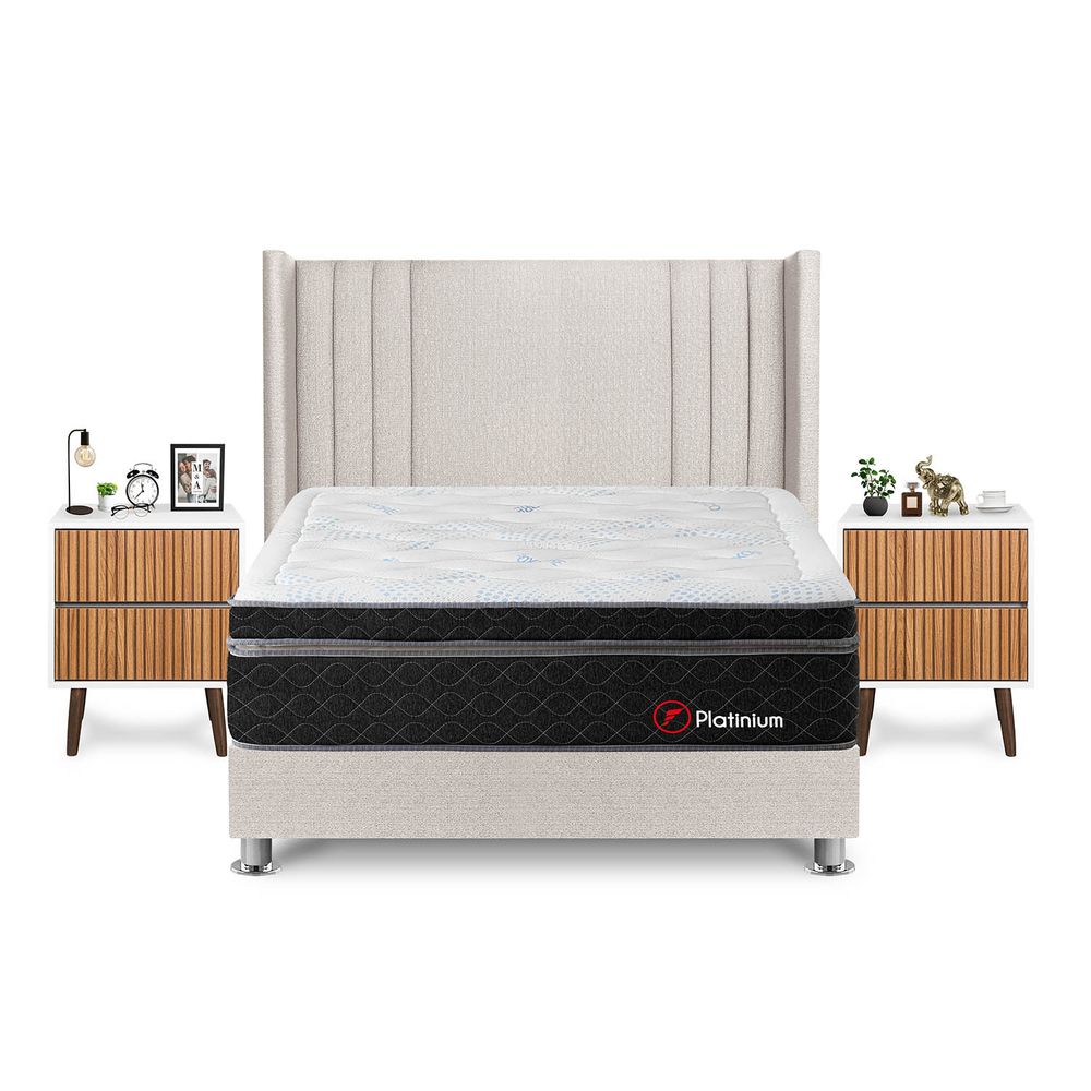 Dormitorio Platinium King + Velador Milan + Respaldo Beige