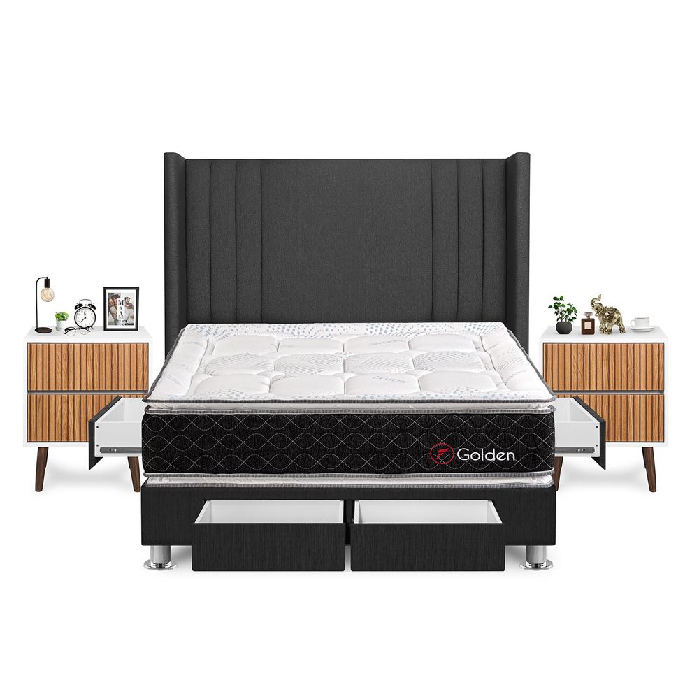 Dormitorio Golden Con 4 Cajones King + Velador Milan + Respaldo Gris