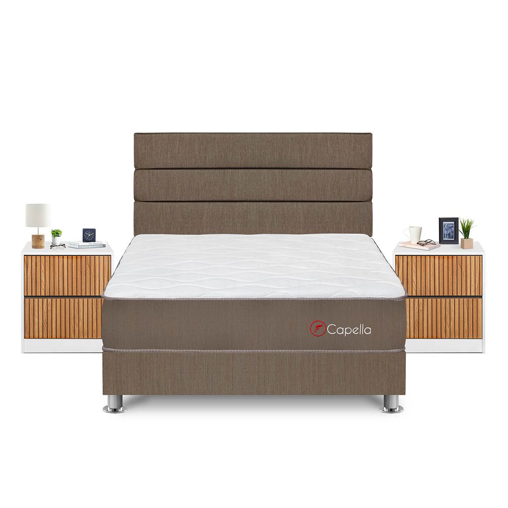 Dormitorio Capella Queen + Velador Roma + Respaldo Marron