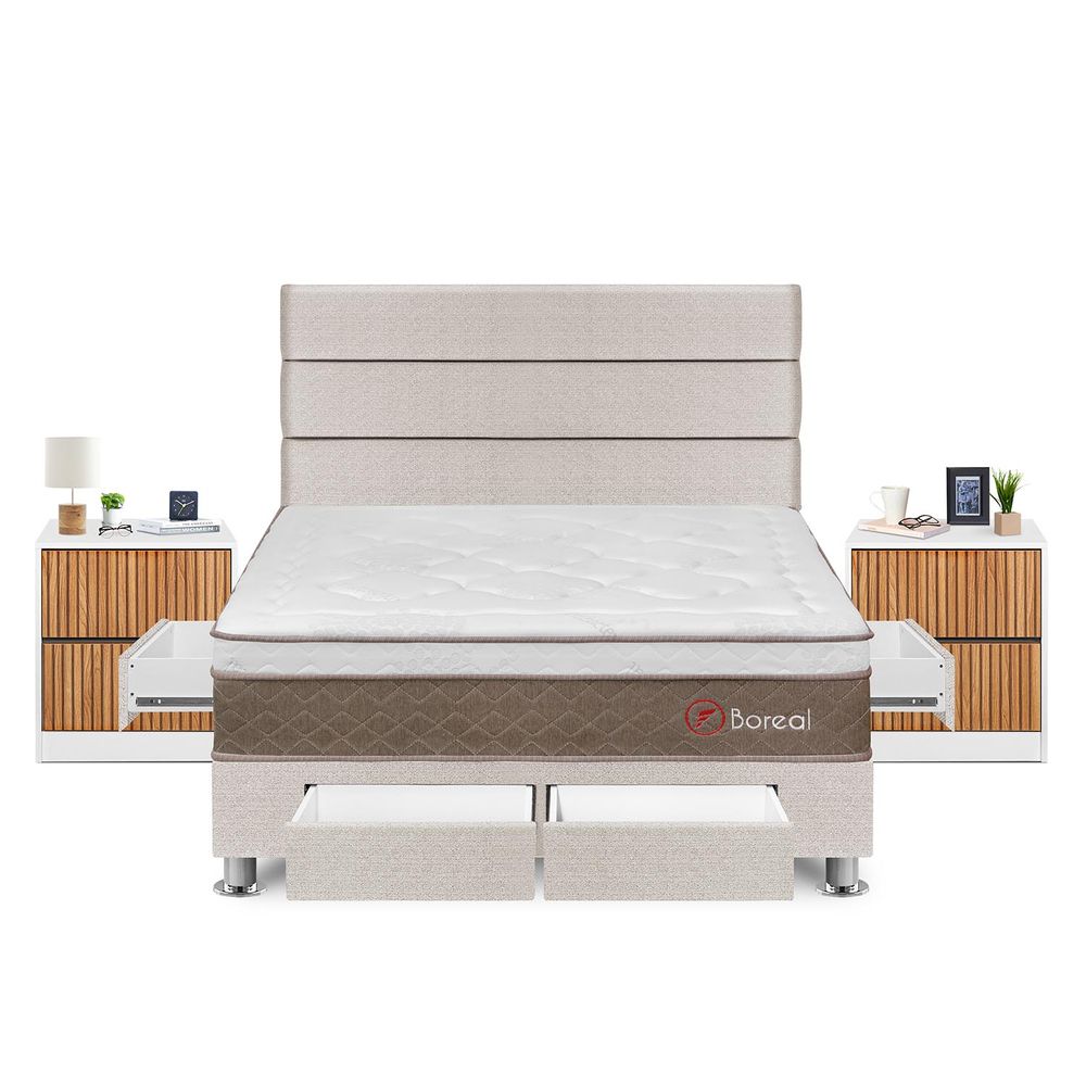 Dormitorio Boreal Con 4 Cajones Queen + Velador Roma + Respaldo Beige