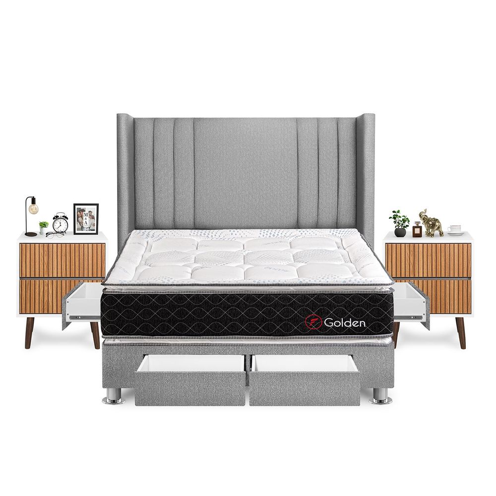 Dormitorio Golden Con 4 Cajones Queen + Velador Milan + Respaldo Plata