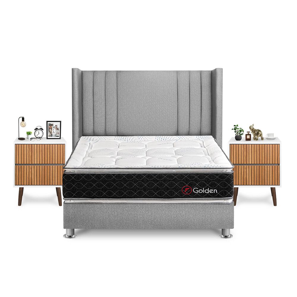 Dormitorio Golden Queen + Velador Milan + Respaldo Plata