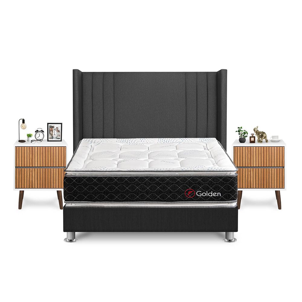 Dormitorio Golden Queen + Velador Milan + Respaldo Gris