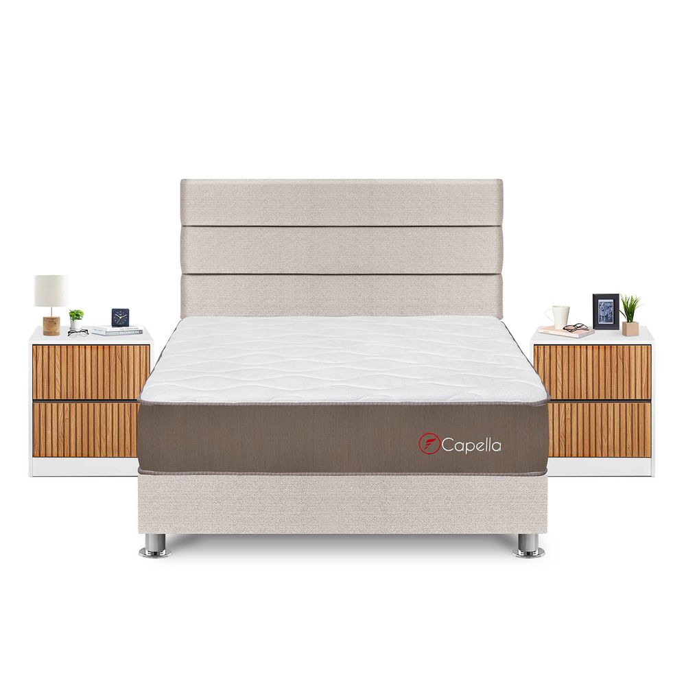 Dormitorio Capella Queen + Velador Roma + Respaldo Beige