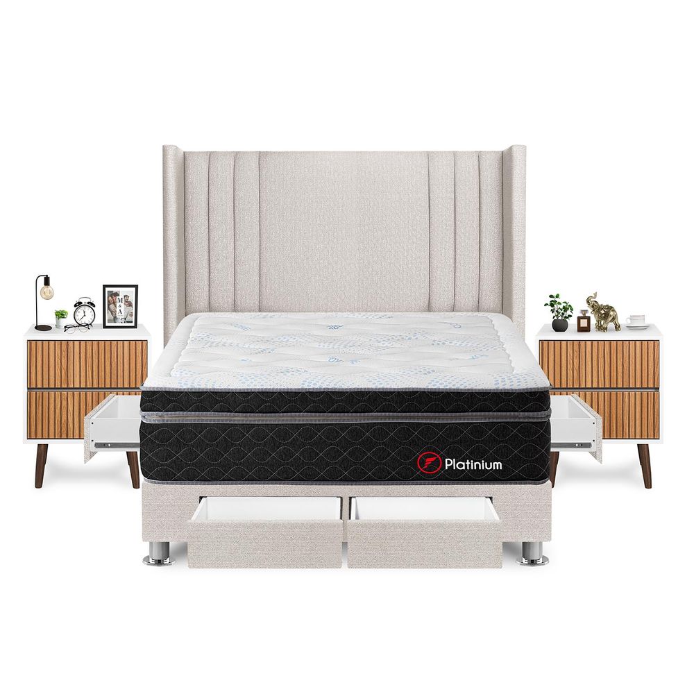 Dormitorio Platinium Con 4 Cajones Queen + Velador Milan + Respaldo