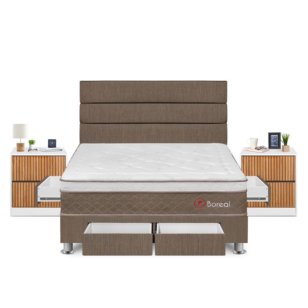 Dormitorio Boreal Con 4 Cajones Queen + Velador Roma + Respaldo Marron