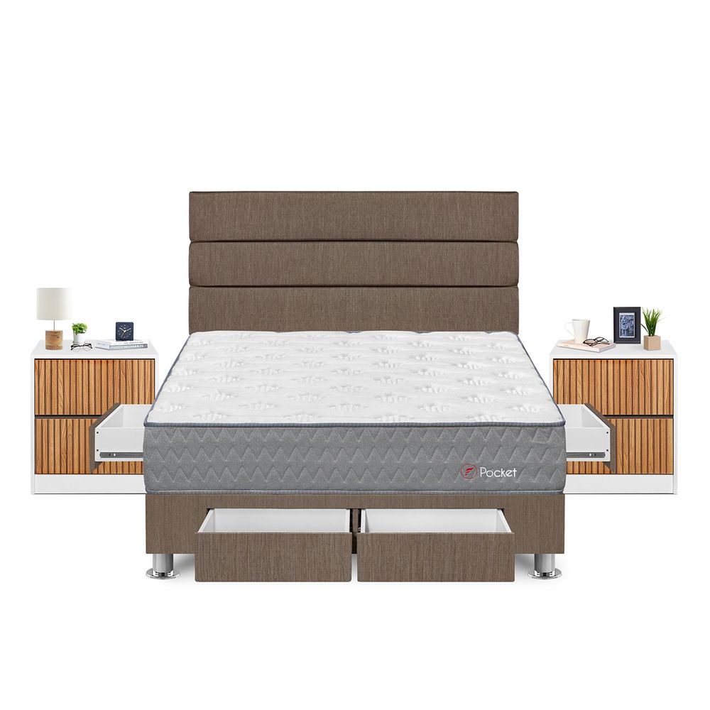 Dormitorio Forli Pockinget Con 4 Cajones Queen + Velador Roma + Respaldo