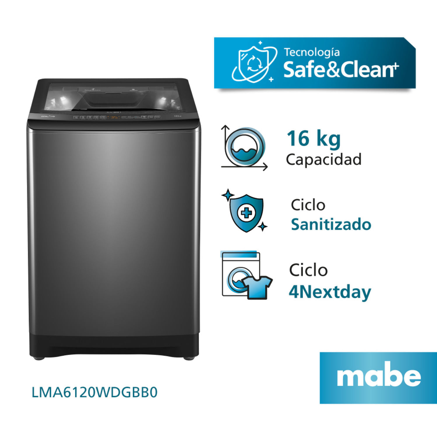 Lavadora Mabe LMA6120WDGBB0 16 Kg Diamong gray