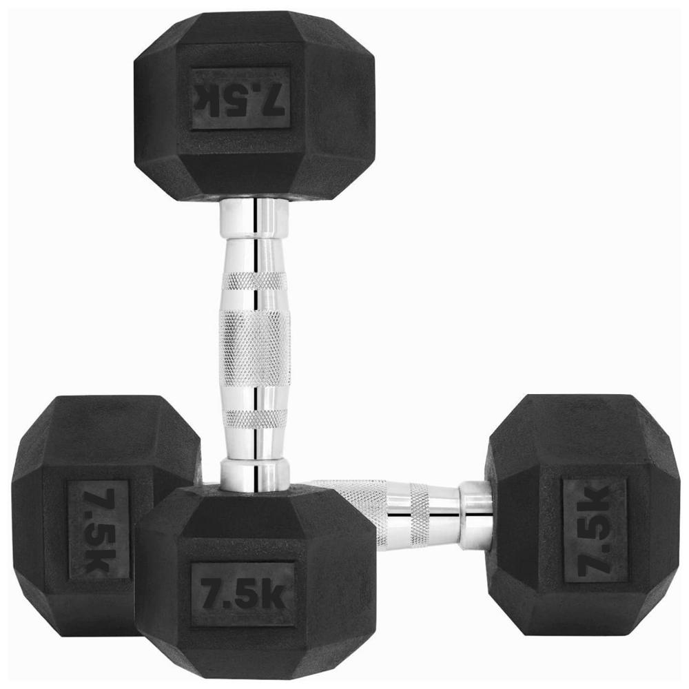 Mancuernas, Par de Pesas Exagonales Cromadas y de Caucho 7.5Kg