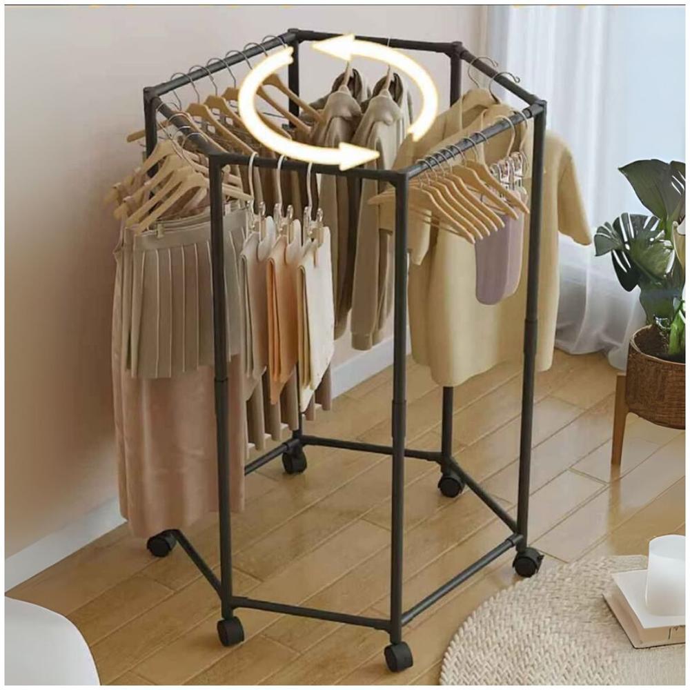 Estante de ropa giratorio hexagonal con ruedas Negro