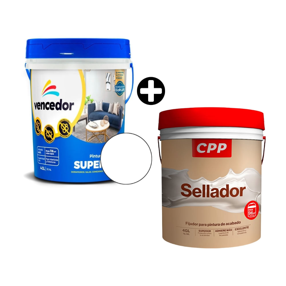 COMBO Supermate antibacterial nuevo Blanco Decora 4 galones Vencedor + Sellador CPP 4 galones
