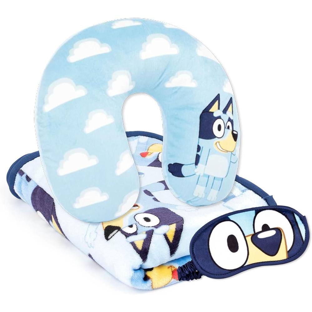 Bluey | Set de viaje infantil (Manta de 40x50 pulgadas, máscara de ojos y almohada de cuello)