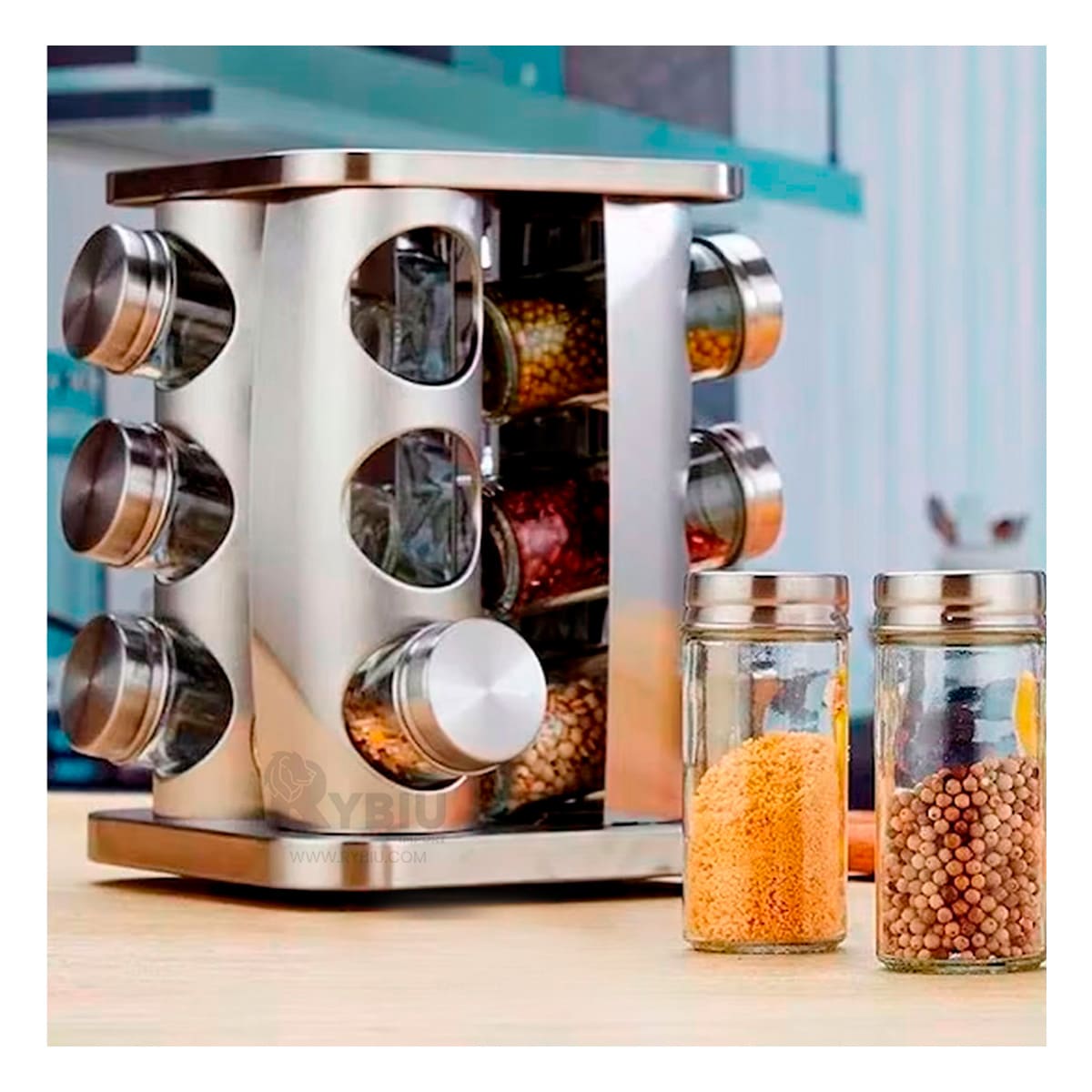 Condimentero de Cocina Cuadrado con 12 Frascos en Gris