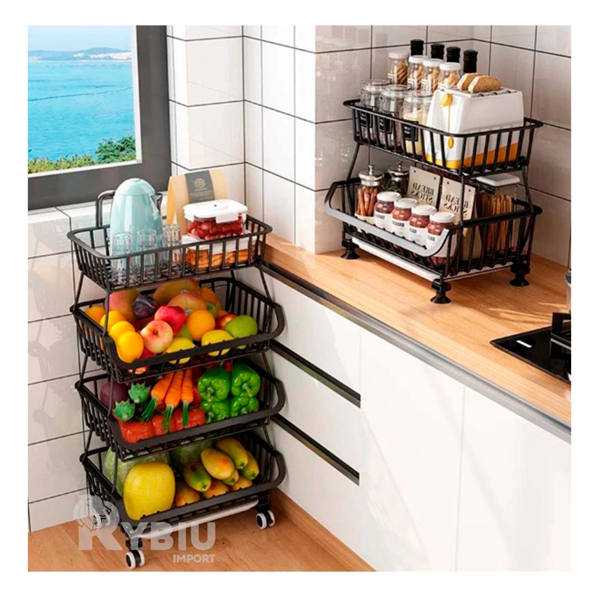 Verdulero Plegable con Ruedas de 4 Pisos en Tono Negro