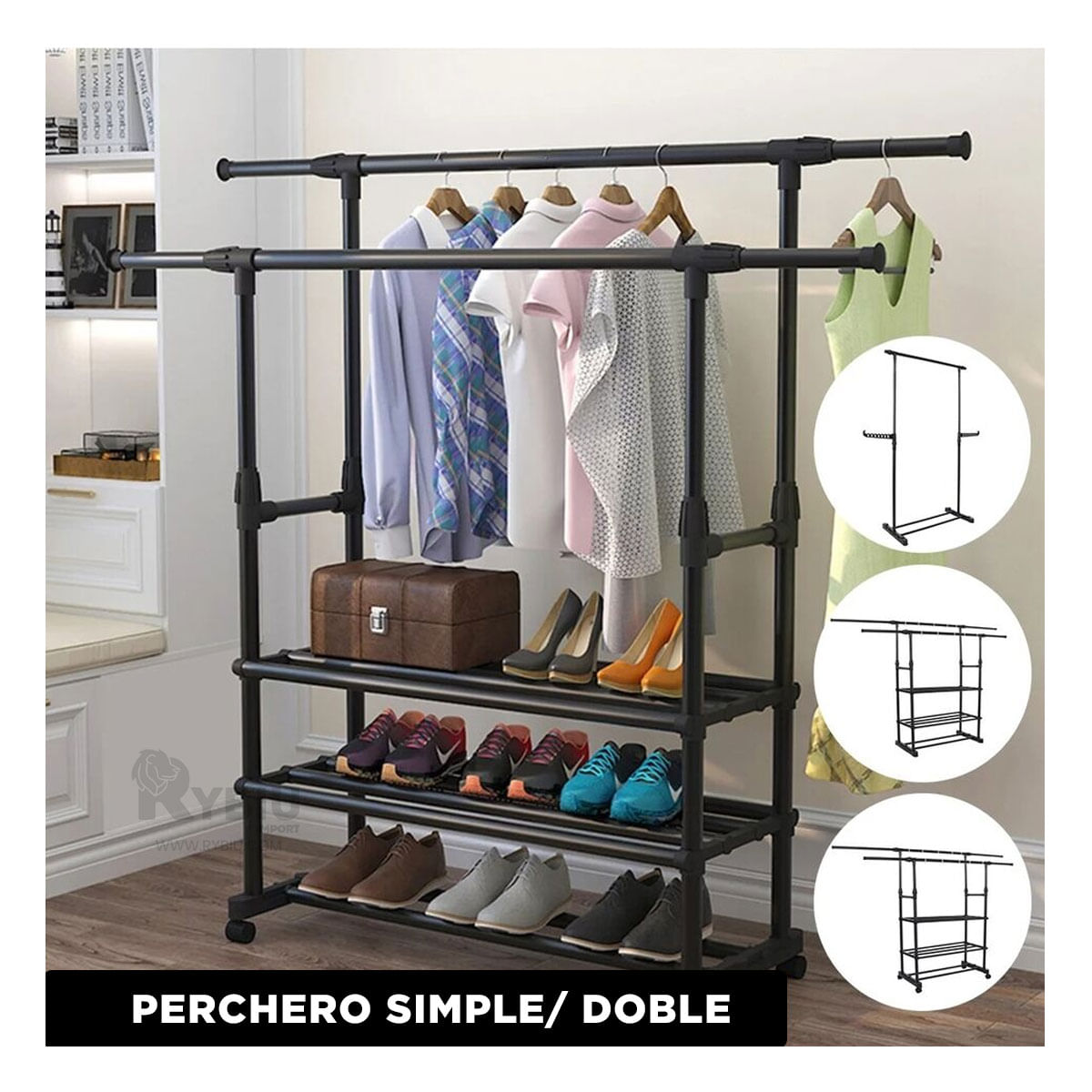 Perchero Pesado con 3 Niveles de Zapatera en Color Negro
