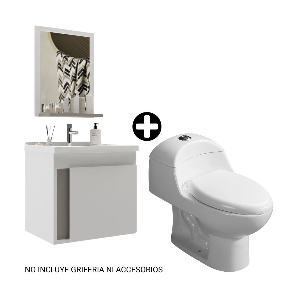 COMBO Inodoro one piece Ártico Blanco Orange + Vanitorio Ginebra Blanco 45x34x41cm + Espejo Orange