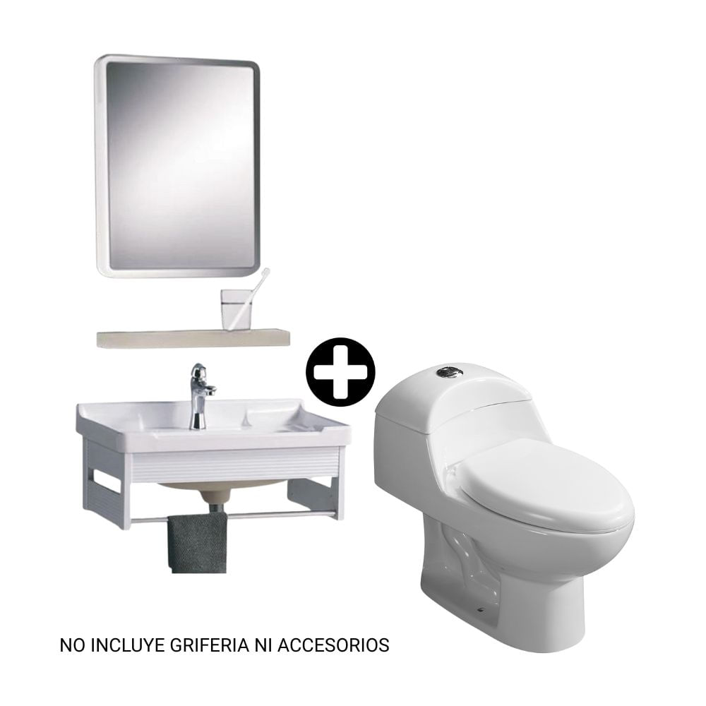 COMBO Inodoro one piece Ártico Blanco Orange + Vanitorio con repisa + Espejo Essential Blanco Soho Carpets