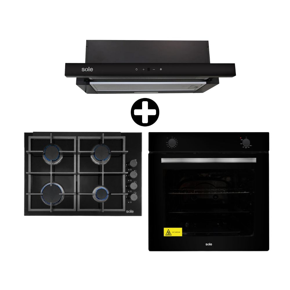 COMBO Encimera Vidrio Templado a Gas 4 Quemadores + Campana Extractora Spazio Bajo Mueble 60cm + Horno empotrable a gas 60cm Inti Sole