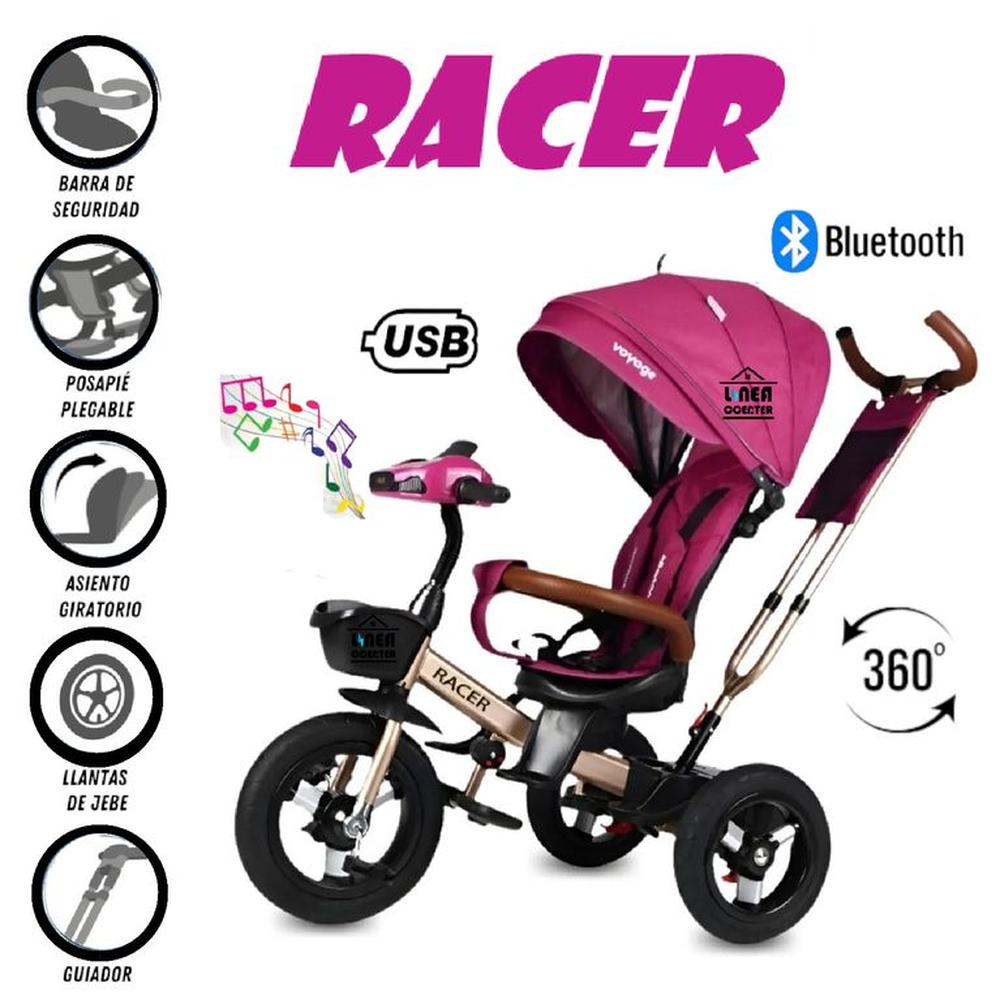 Triciclo Miusical USB Bluetooth Racer Giratorio -Rosa
